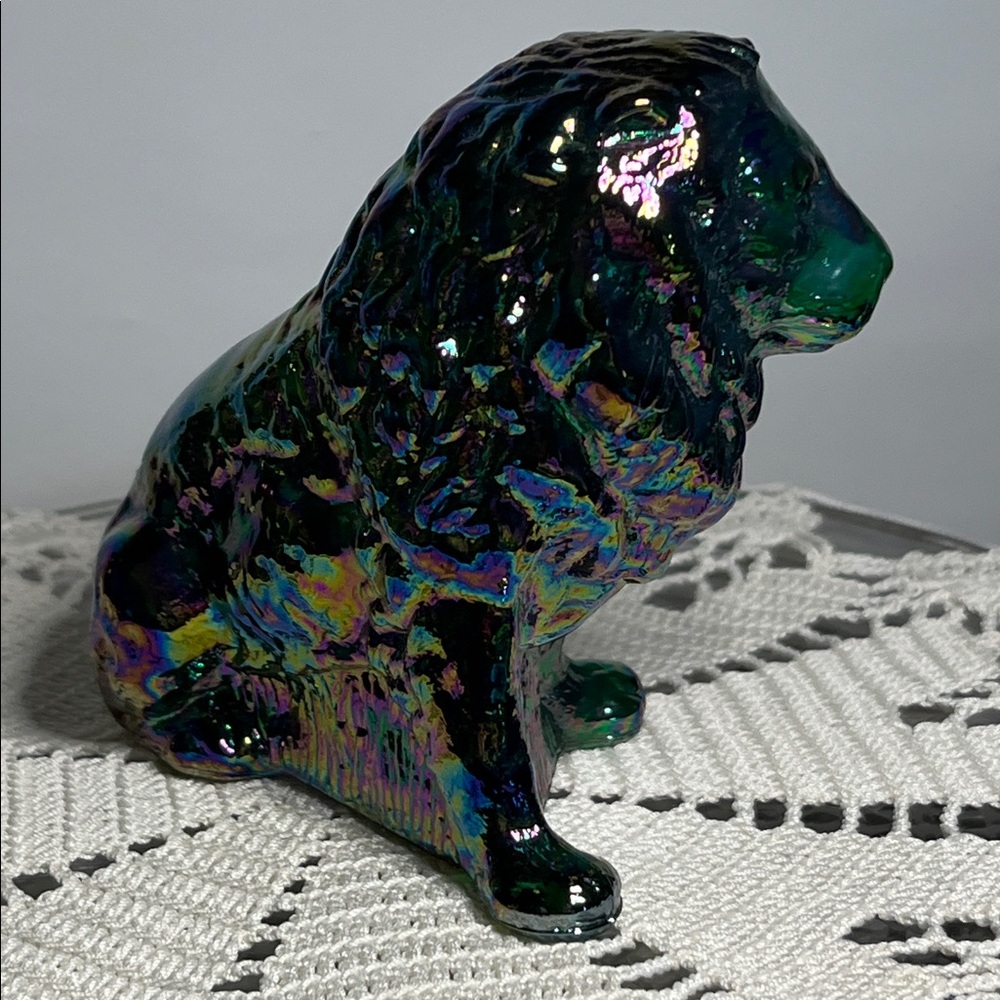 Vintage Mosser Glass Emerald Green Carnival Iridized Lion Figurine Paperweight - Picture 13 of 14